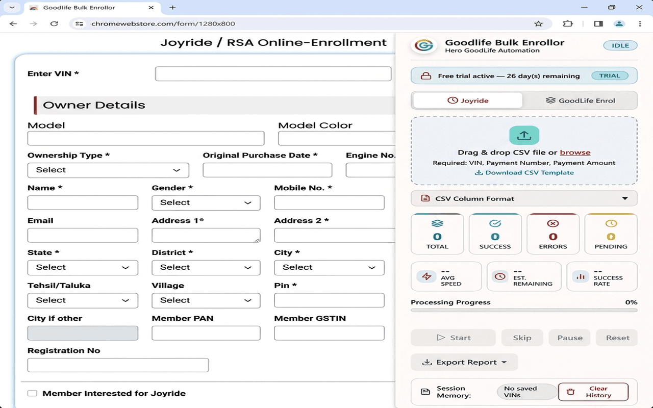 Goodlife Bulk Enrollor Dashboard showing Hero GoodLife login automation and batch registration side panel